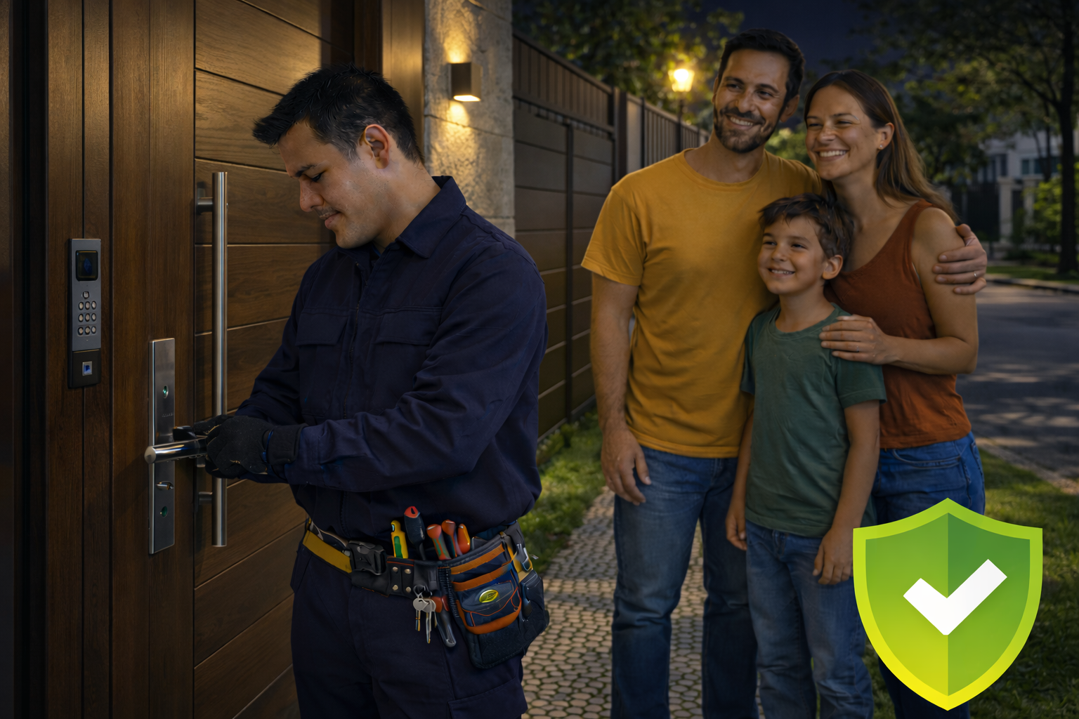Chaveiro atendendo família em frente ao imóvel, reforçando segurança