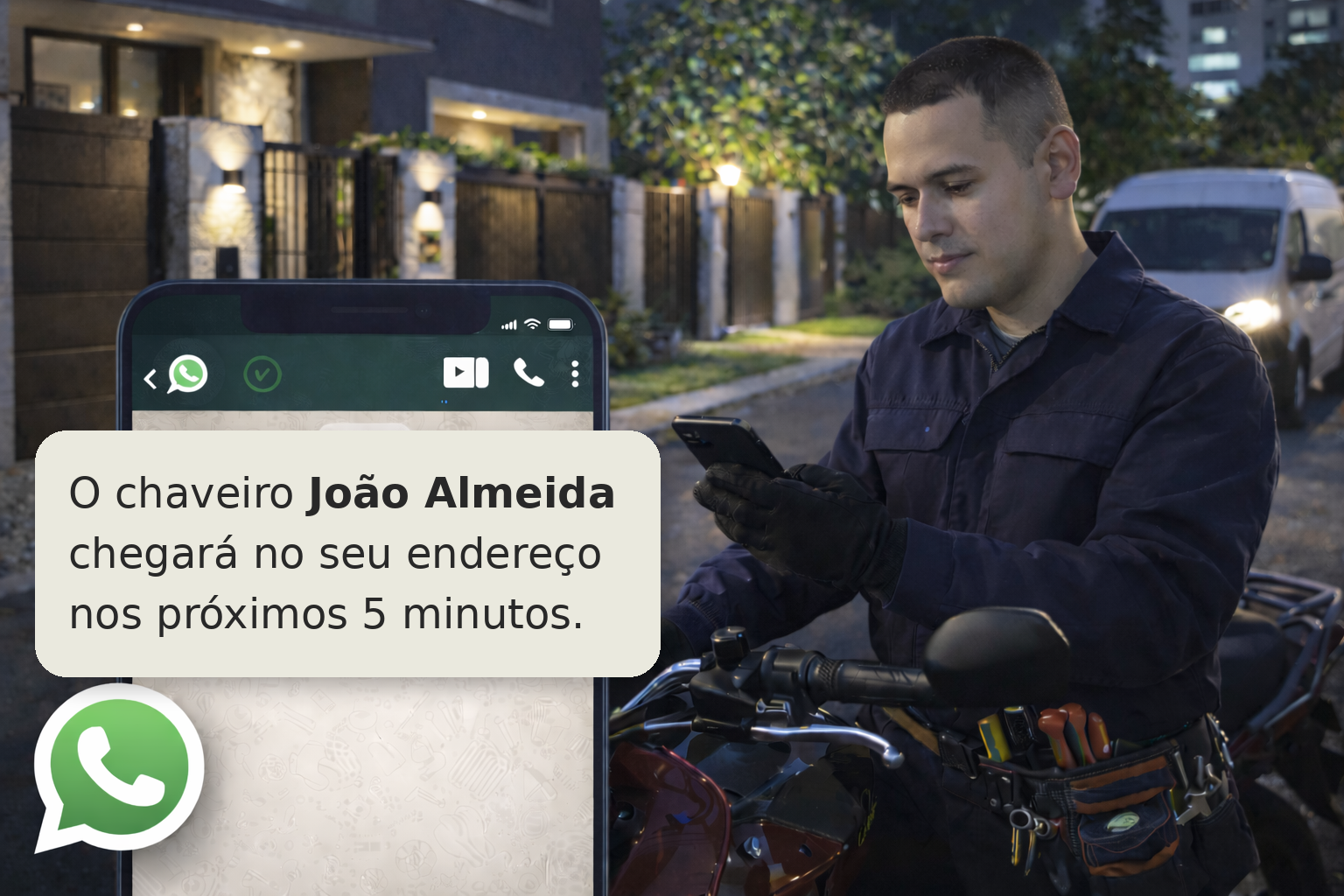Profissional a caminho com atualização de chegada em tempo real no WhatsApp